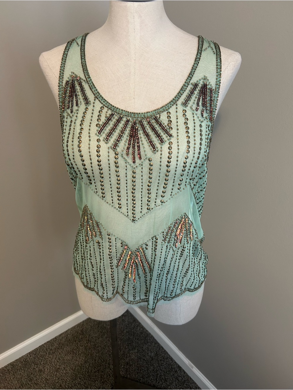 BKE Mint Green Beaded Sleeveless Camisole
